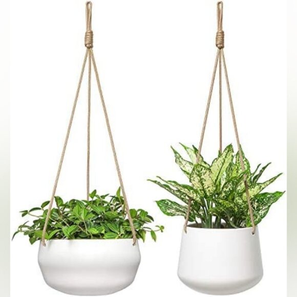 Modern White Ceramic Hanging Planters | Set of 2 | Indoor/Outdoor - Picture 4 of 4